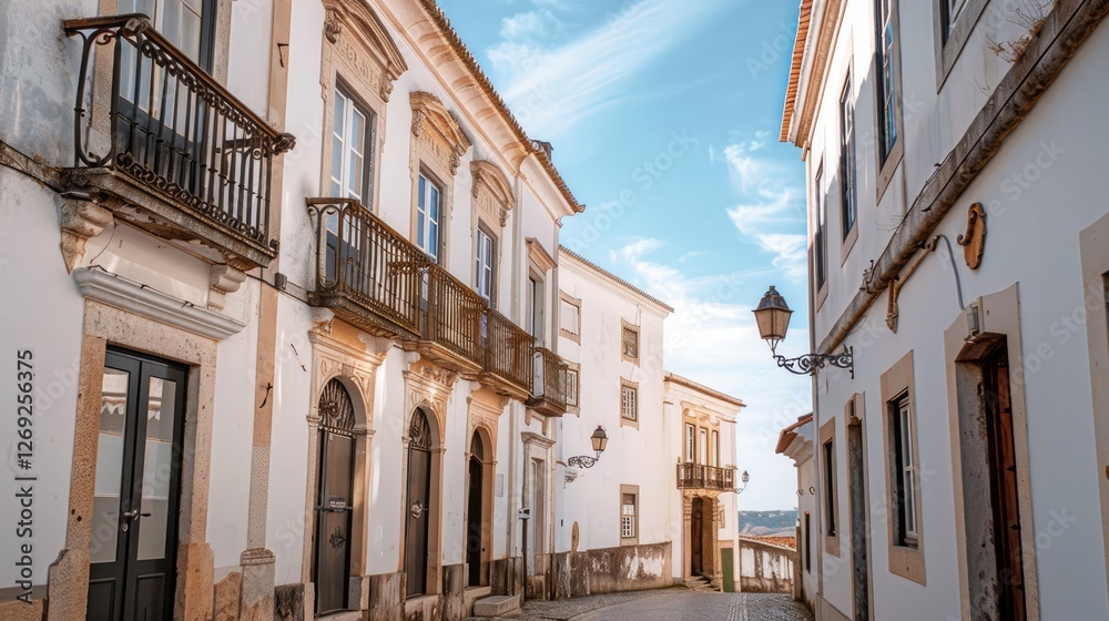 Charming cobblestone street in a historic town with elegant architecture and clear blue skies, inviting exploration Charming cobblestone street in a historic town with elegant architecture and clear blue skies, inviting exploration
