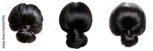 Set of A close-up shot of a woman’s hands securing a drawstring straight bun hairpiece into her updo on transparent png background. Ai generated