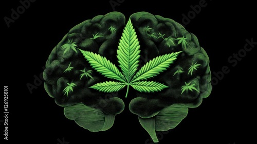 Al generated illustration of human brain with green cannabis leaf isolated on...