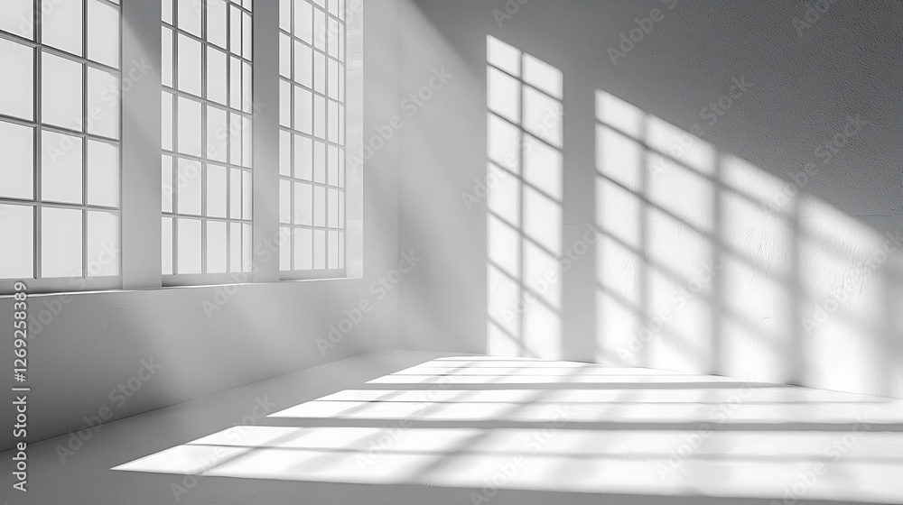 Fototapeta premium Sunlight streams through large windows in a white room, casting shadows on the walls; ideal for product displays