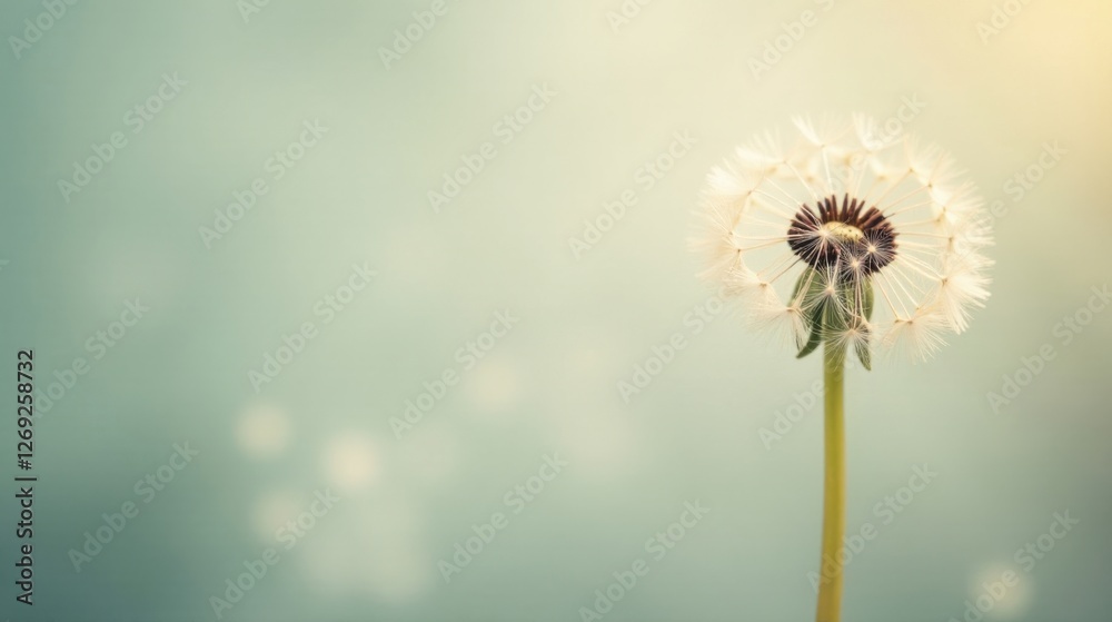 Fototapeta premium Serene Dandelion Seed Head Against Soft, Pastel Background, Symbol of Wishes and Transformation
