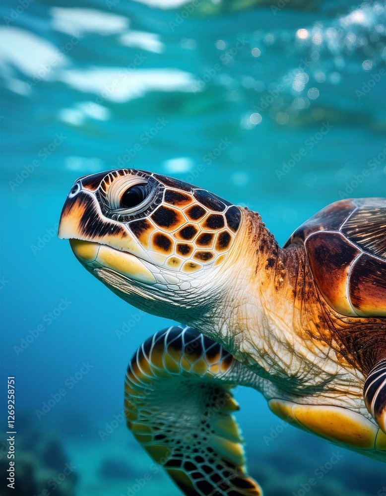 Obraz premium Generated image Close-up shot of an adorable sea turtle gliding through crystal-clear waters