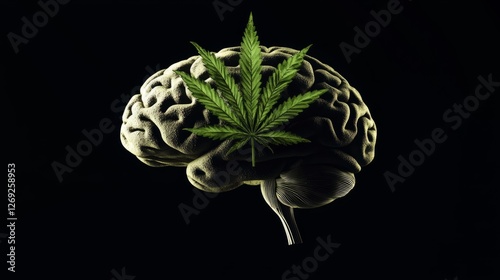 Al generated illustration of human brain with green cannabis leaf isolated on...