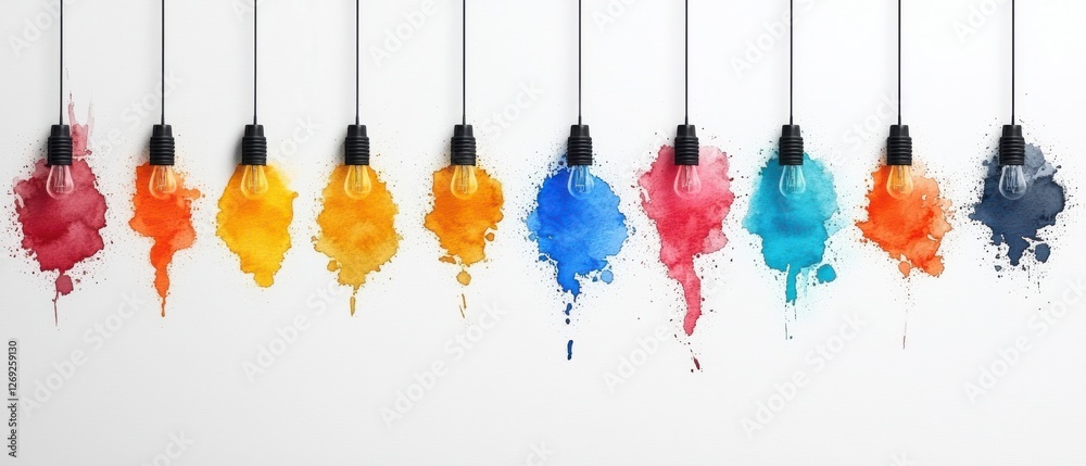 custom made wallpaper toronto digitalColorful paint splashes in lightbulb shapes hang from wires, showcasing vibrant hues in a creative display.