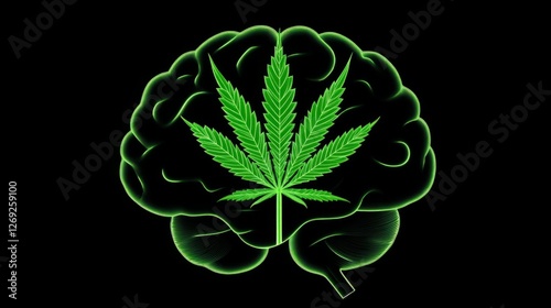 Al generated illustration of human brain with green cannabis leaf isolated on...