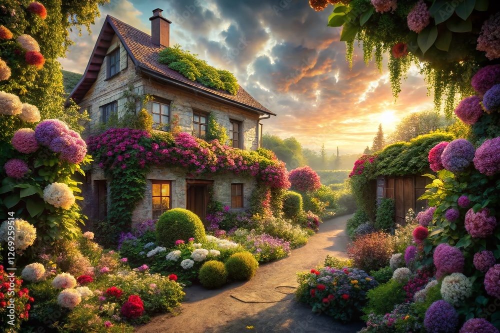 Obraz premium Surreal House Garden: Dreamlike Floral Escape, Whimsical Plants & Pathways
