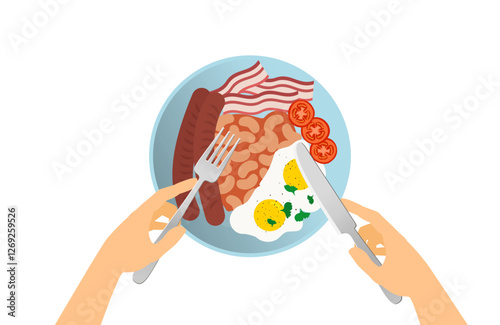 eating english breakfast fried eggs beans sausages bacon tomato on plate hand with knife and fork vector illustration