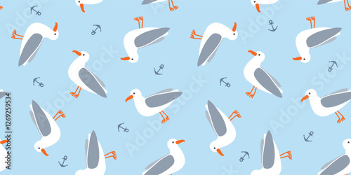 cartoon seagulls and anchors  seamless pattern print design  on blue background vector illustration