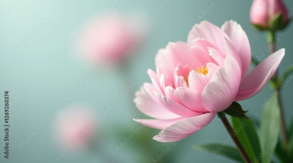 Obraz premium A Delicate Pink Peony Blossom in Soft Focus with a Gentle Teal Background