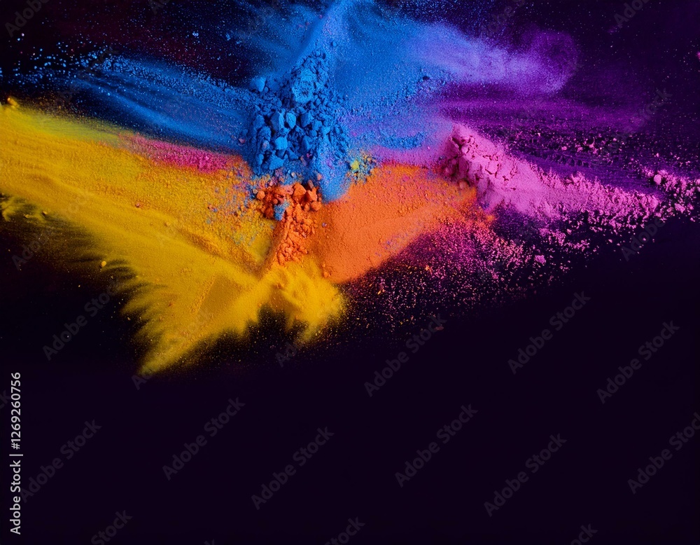 Generated image Colors of May, abstract background with powder in blue, yellow, orange, shocking pink Generated image Colors of May, abstract background with powder in blue, yellow, orange, shocking pink