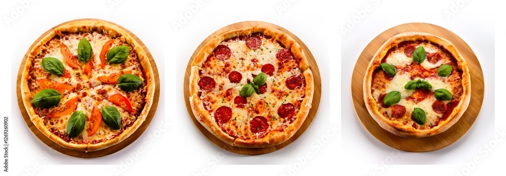 Three delicious pizzas, each with a golden crust, are displayed from a top-down perspective. Toppings include tomato, basil, and pepperoni, creating a mouthwatering Italian dish.