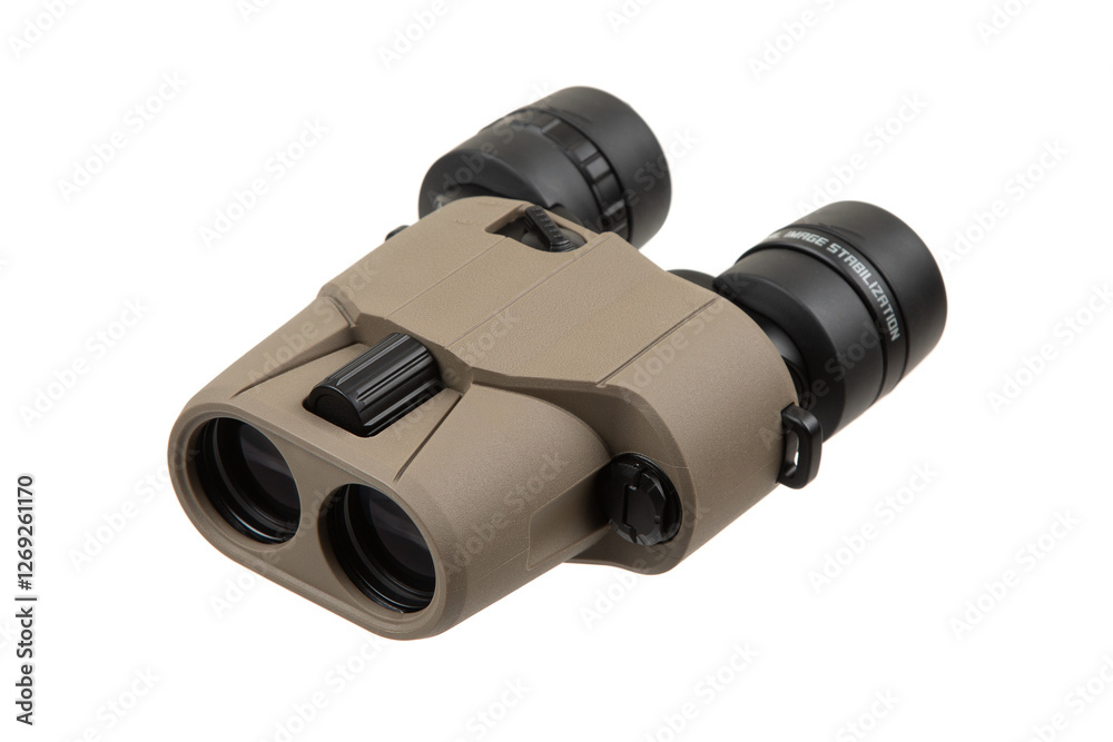 Binoculars with a tan body and black eyepieces, featuring image stabilization, isolated on a plain white background. Binoculars with a tan body and black eyepieces, featuring image stabilization, isolated on a plain white background.