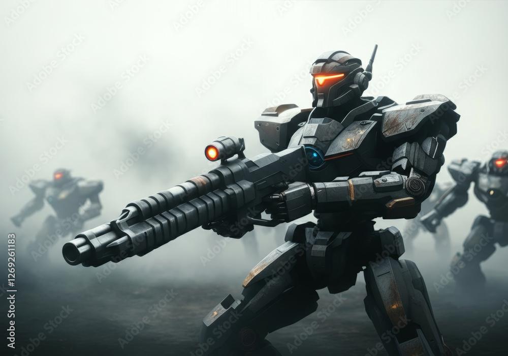 Futuristic battle robots with advanced armor and weapons in misty battlefield Futuristic battle robots with advanced armor and weapons in misty battlefield
