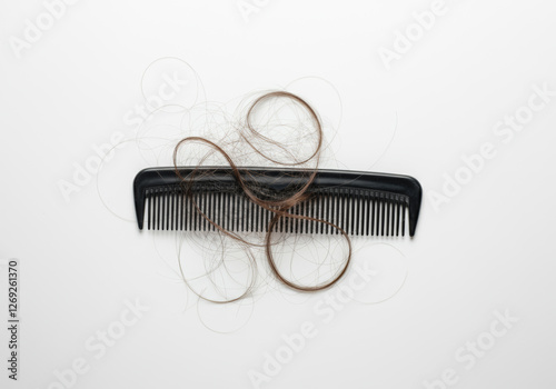 Black comb with strands of loose hair on white background indicating hair loss
