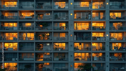 City apartment building at night, illuminated windows, urban scene, stock photo photo