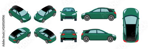 Green Mini Car Vector Mock-Up: Stylish Front, Side, Back, Rear and Top Views for Branding and Advertising