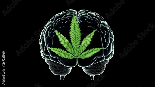 Al generated illustration of human brain with green cannabis leaf isolated on...