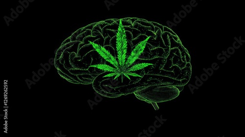 Al generated illustration of human brain with green cannabis leaf isolated on...