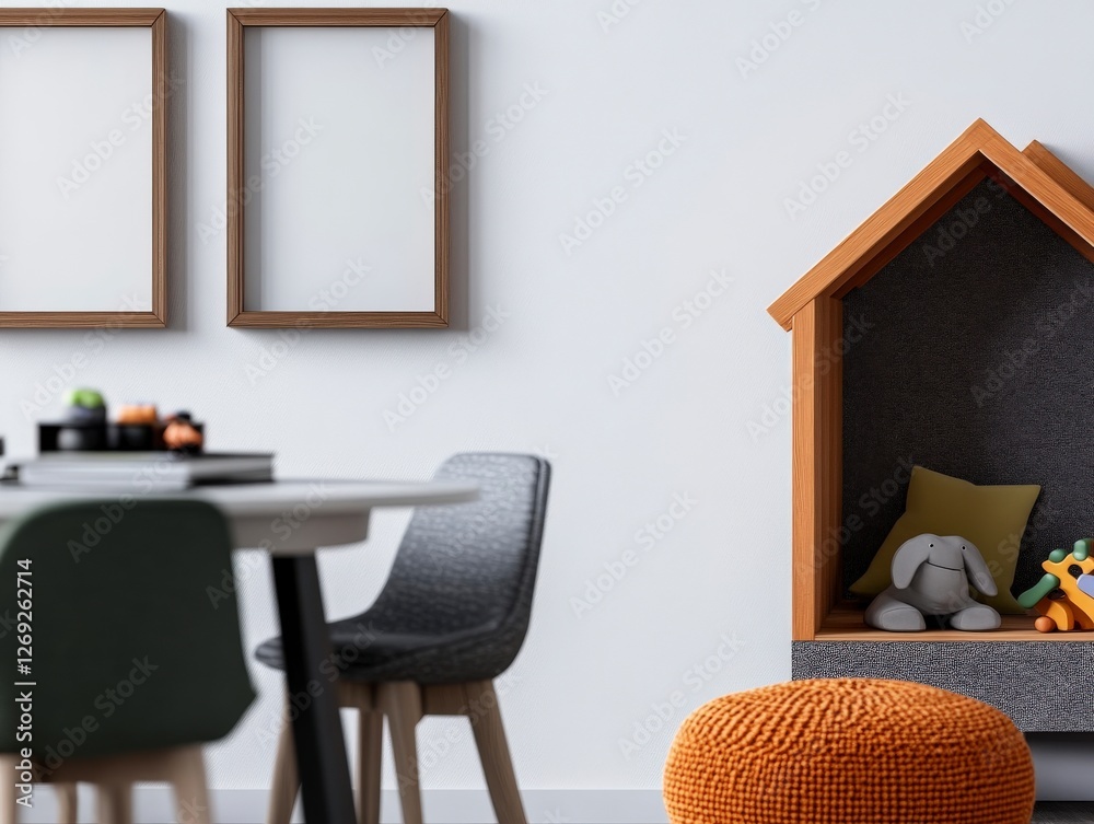 Fototapeta premium Modern Living Room with Empty Frames, Playful Decor, and Cozy Toy House for Children