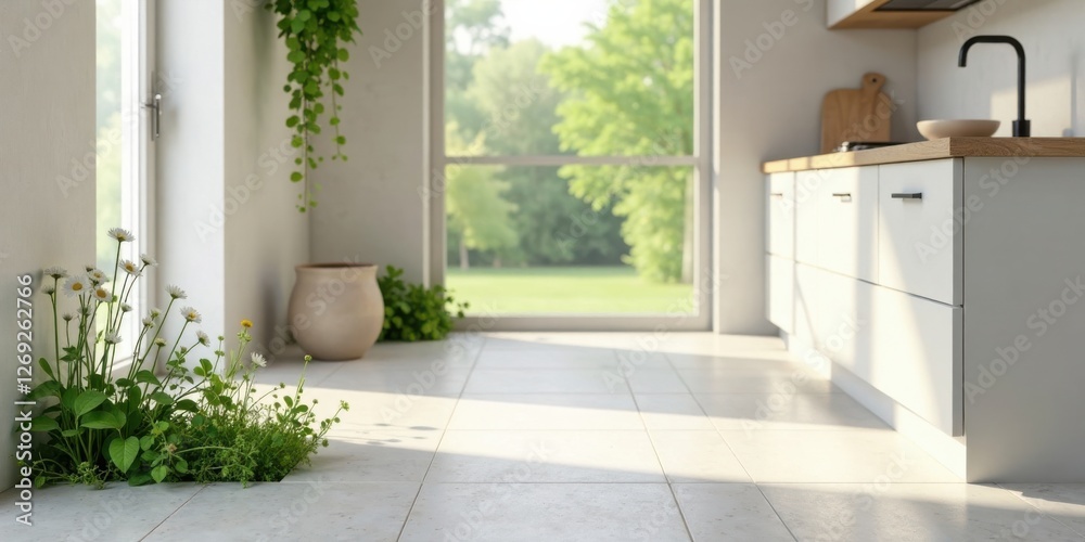 Fototapeta premium Bright Sunlight Illuminates a Modern Kitchen with Blooming Daisies and Greenery