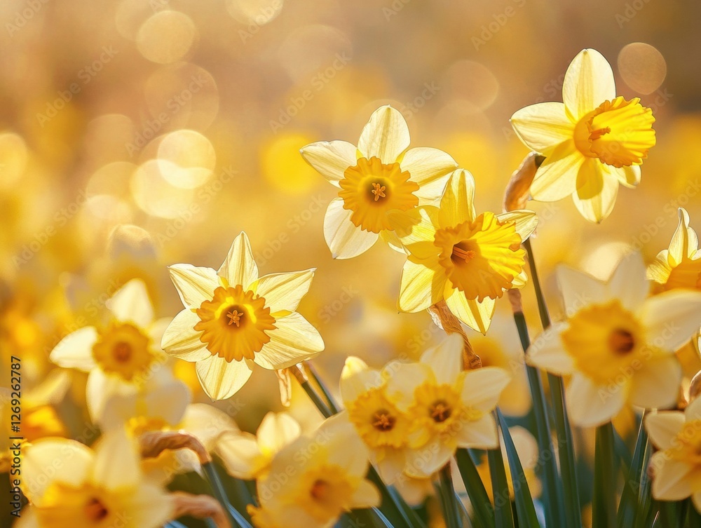 Beautiful yellow daffodils blooming in a sunny garden during springtime Beautiful yellow daffodils blooming in a sunny garden during springtime