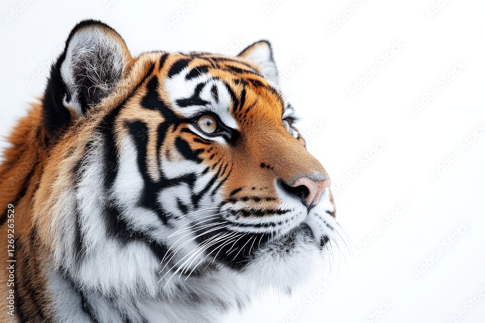 Naklejka premium A close-up profile of a tiger, showcasing its striking features, vibrant orange fur, and bold black stripes against a white background.