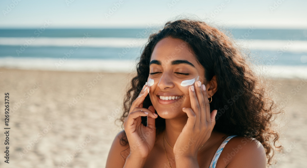 Fototapeta premium Smiling young woman applying sunscreen on her face at sunny beach
