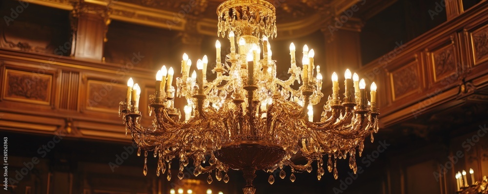 Obraz premium Palace Crystal Chandelier Illuminated in Grand Hall