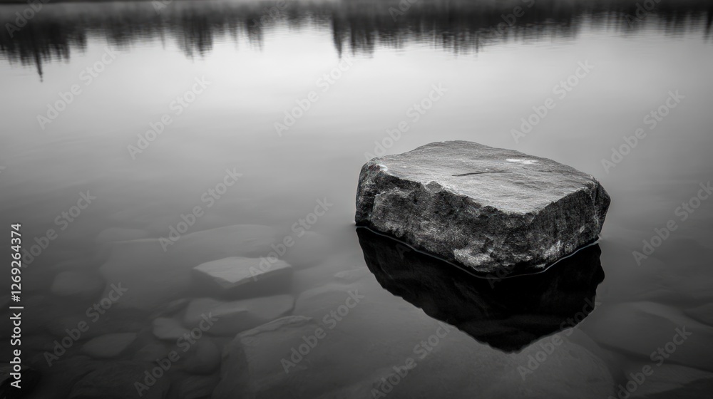 Naklejka premium Solitary rock in calm lake, misty forest background, serene nature scene