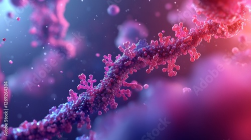 A magnified view of a DNA replication process, highlighting the enzymes and proteins involved in duplicating the genetic information stored in the DNA molecule.