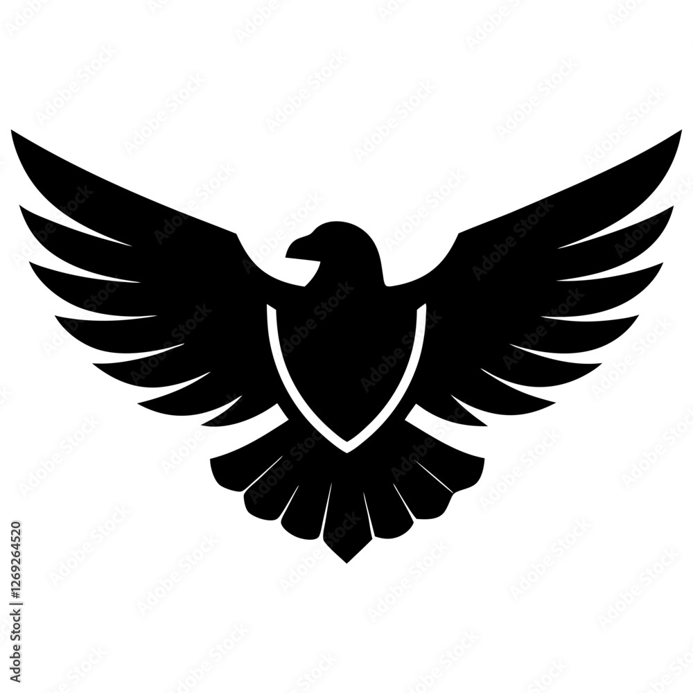 Obraz premium Eagle symbol. Silhouette flying eagles emblem, winged badge and freedom hawk wings stencil. Fly wing logo, falcon heraldic stamp or usa army uniform sticker. Isolated vector icons 