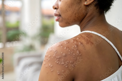 Extreme close-up of keloid scars forming on a shoulder