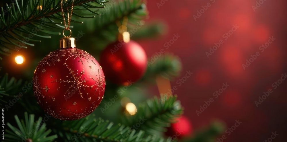 Obraz premium Glossy red & gold baubles on Christmas tree branch, glitter, red