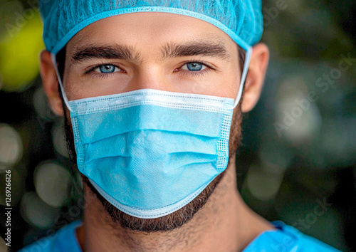 Doctor in a mask in the operating room looks with a kind look. Close-up portrait.