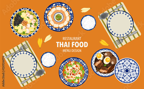 Set of vector illustrations Stewed eggs on a traditional bowl, spicy stir-fried rice, Thai food menu from above view Delicious and various Thai food, colorful cartoon style, bright blue background.