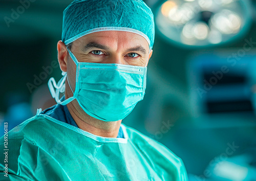 Doctor in a mask in the operating room looks with a kind look. Close-up portrait.