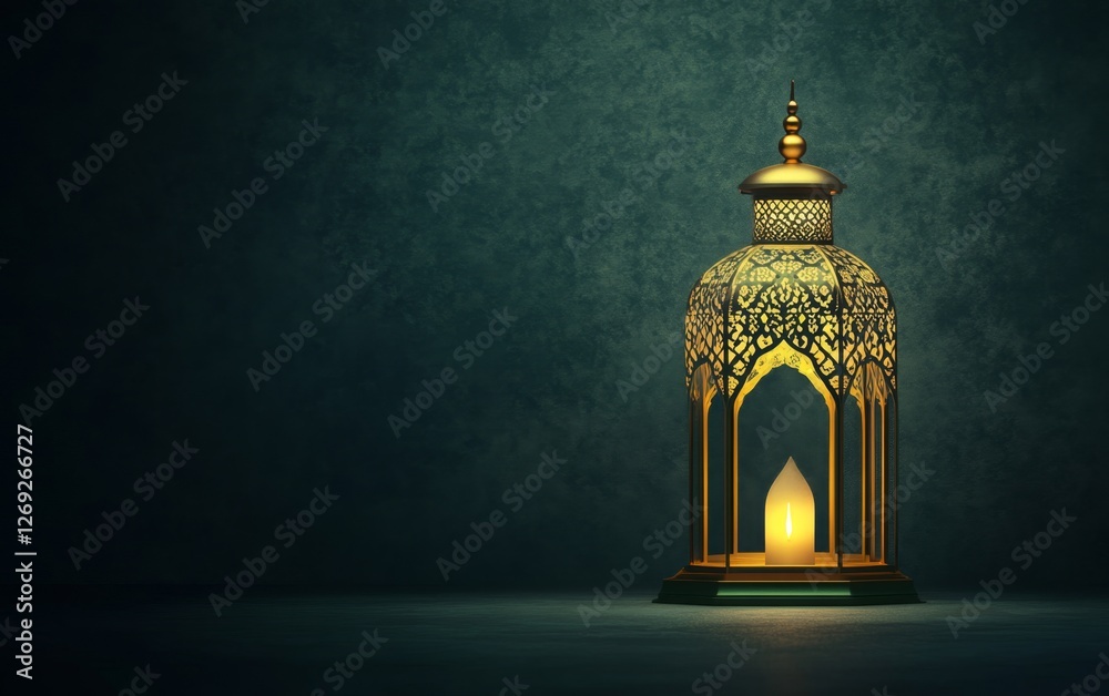 Ornate Ramadan Lantern, Illuminated, Dark Teal Background