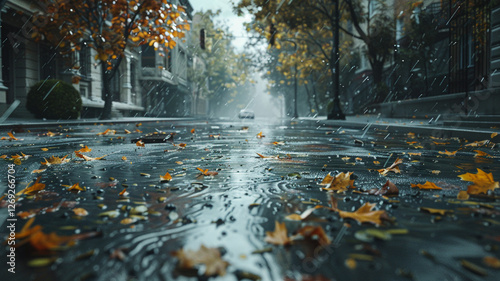 Fototapeta Naklejka Na Ścianę i Meble -  Flooded Urban Street with Storm Debris: A rain-flooded city street shows floating leaves and small branches, capturing the aftermath of a sudden storm and its effect on the urban environment.