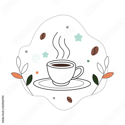 "Vector line illustration of a steaming cup of coffee on a saucer, surrounded by coffee beans, leaves, and abstract elements. Minimalist style with a soft pastel color palette. Vector file EPS10. 