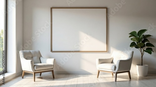 Modern minimalist living room interior design with two armchairs and a large blank frame on the wall  bathed in sunlight