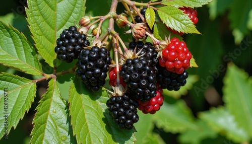 A cluster of ripening berries, including black and red varieties, grows on a leafy branch, showcasing the natural beauty of a berry bush in full fruiting season
