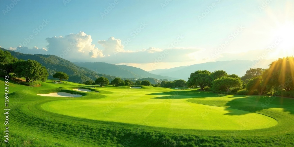 Obraz premium Serene Golf Course Landscape Undulating Greens, Lush Fairways, and Majestic Mountain Views under a Sunny Sky