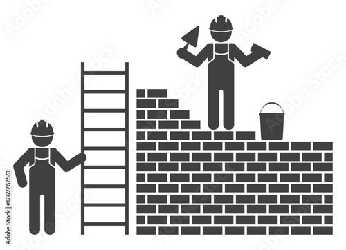 construction workers build brick wall icon