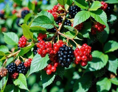 Ripe berries in various stages of ripeness hang from a green bush, showcasing vibrant reds and blacks against a backdrop of fresh leaves photo