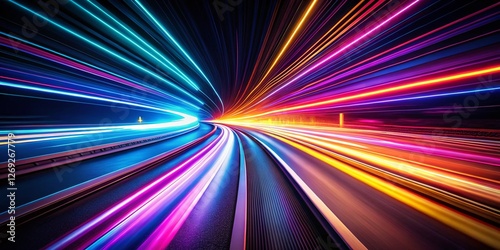 Surreal Speed: Glowing Lines & Motion Blur on Purple, Red, Blue, Yellow Road