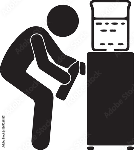 Illustration of a stickman filling a water bottle from a refillable gallon