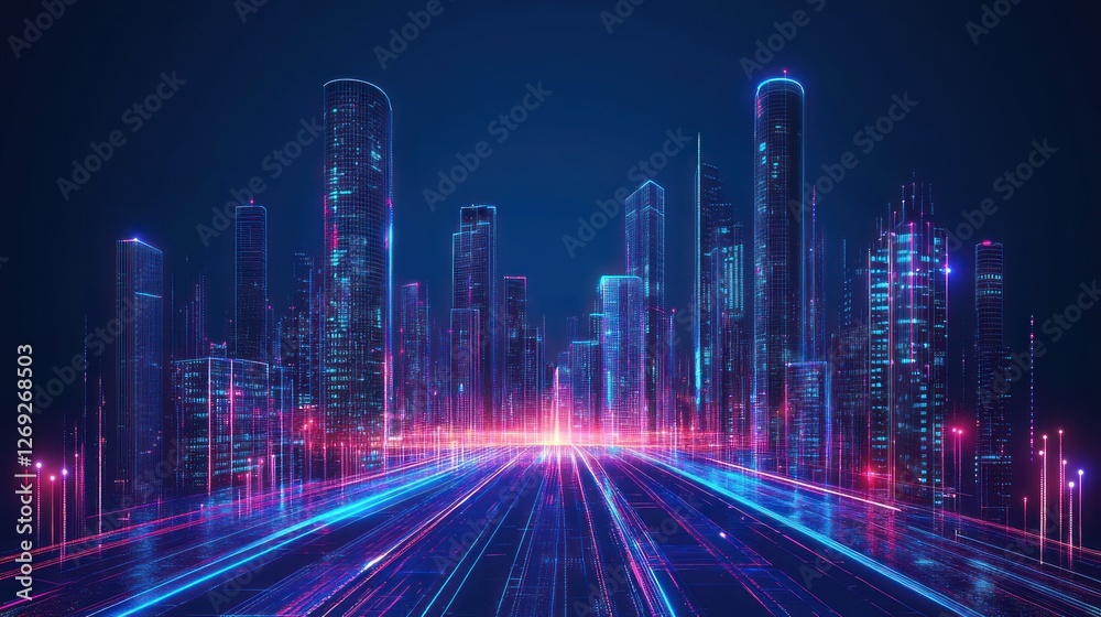 Futuristic Cityscape Illuminated with Neon Lights and Data Streams Futuristic Cityscape Illuminated with Neon Lights and Data Streams
