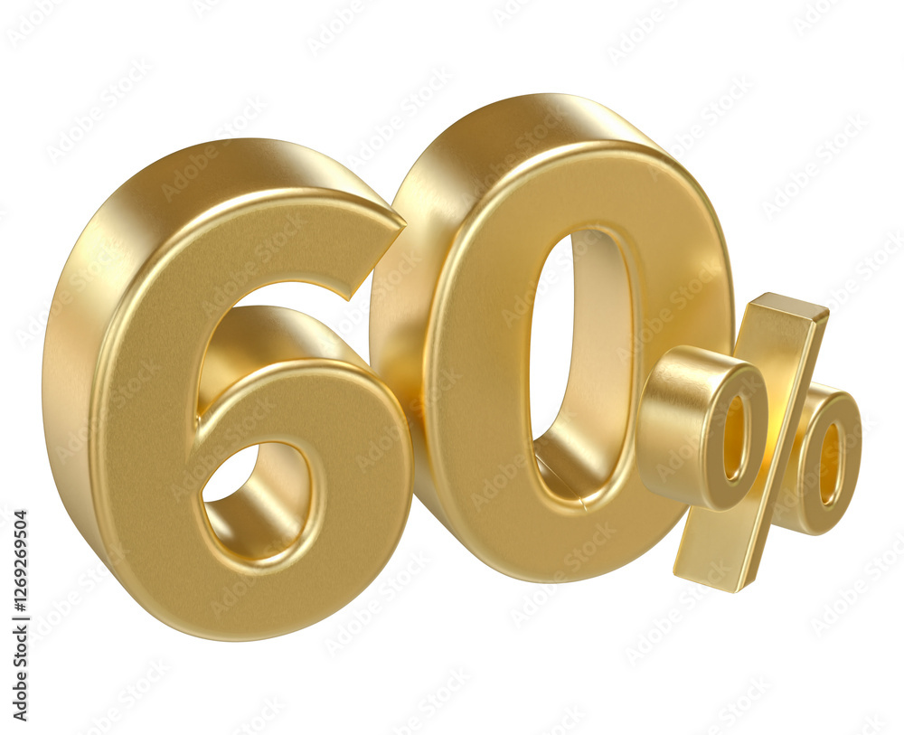 Golden 60% Icon: A gleaming golden 3D rendered icon displaying the number 60 and a percentage sign, perfectly illustrating a discount or promotional offer. Golden 60% Icon: A gleaming golden 3D rendered icon displaying the number 60 and a percentage sign, perfectly illustrating a discount or promotional offer.