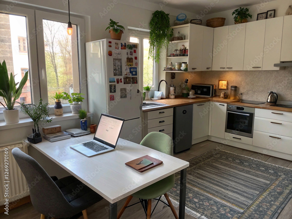 A bright and modern kitchen workspace featuring a laptop, coffee mug, notebook, and plant A bright and modern kitchen workspace featuring a laptop, coffee mug, notebook, and plant