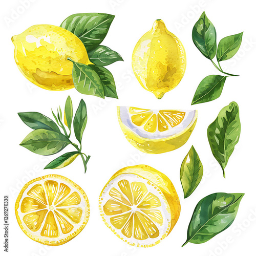 Lemon in leaves. A set of vector illustrations. Vectorized gouache illustrations. Collection of isolates for labels, prints, banners. Watercolor illustration on white background